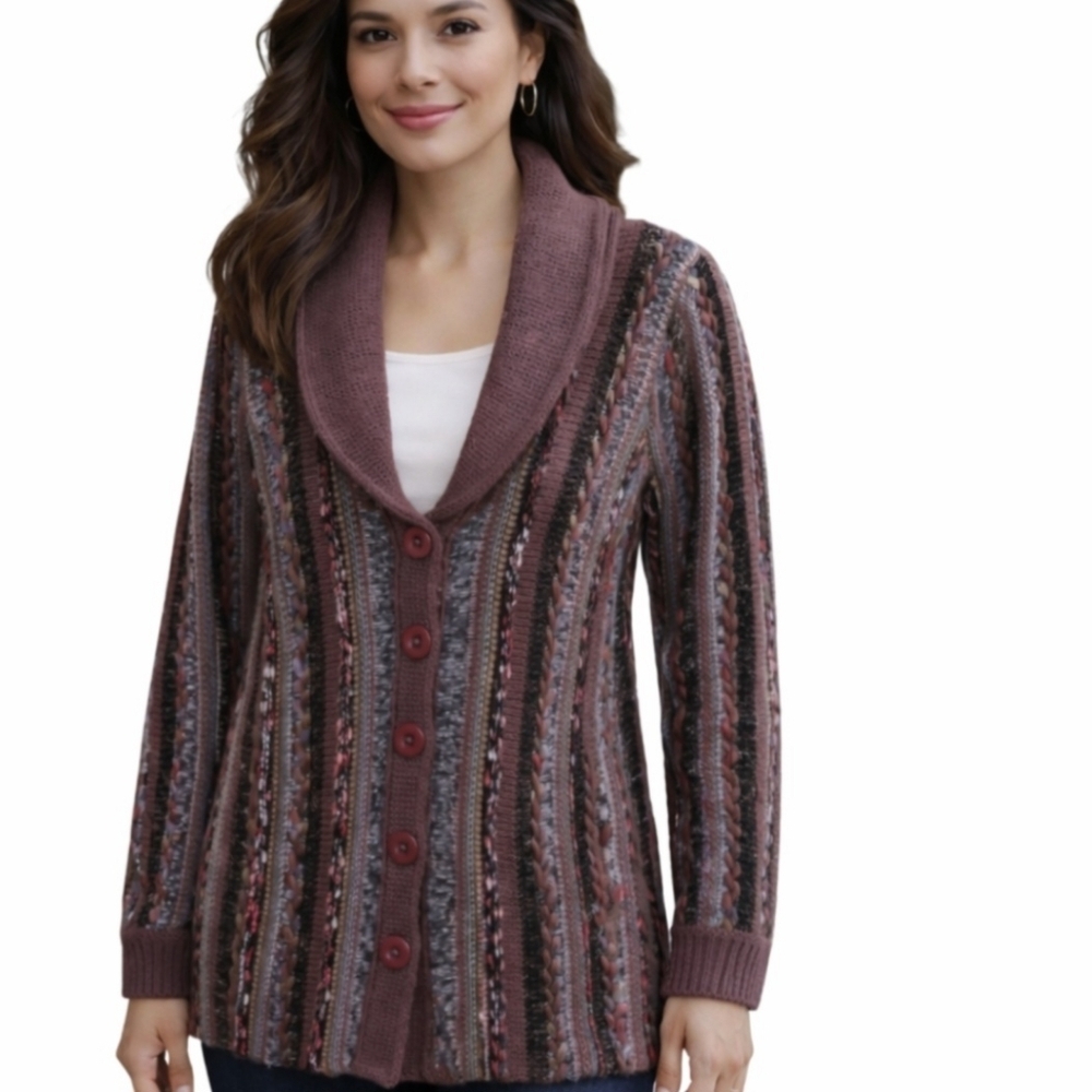 Vintage Parkhurst Plum Purple Textured Knit Button Up Cardigan Sweater Size L